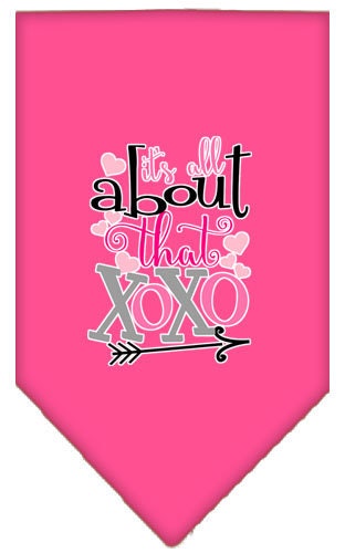 A stylish pet bandana featuring the phrase 'It's All About That XOXO', designed for dogs with a tie-on feature.