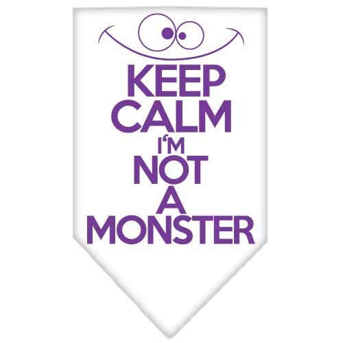 A stylish dog bandana featuring the phrase 'Keep Calm, I'm Not A Monster', designed for comfort and easy tie-on use.