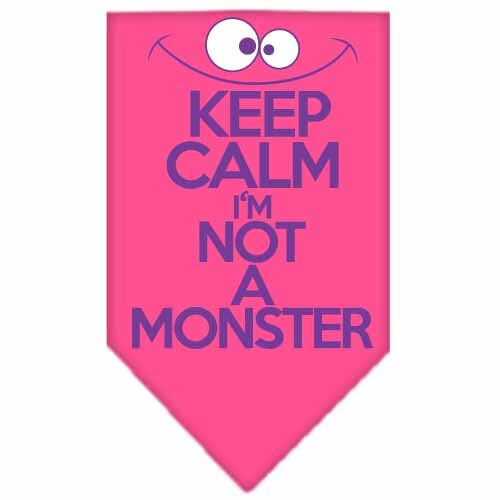 A stylish dog bandana featuring the phrase 'Keep Calm, I'm Not A Monster', designed for comfort and easy tie-on use.