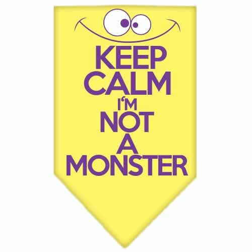 A stylish dog bandana featuring the phrase 'Keep Calm, I'm Not A Monster', designed for comfort and easy tie-on use.