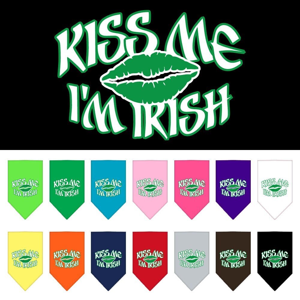 A green pet bandana with the phrase 'Kiss Me I'm Irish' screen printed in white, perfect for dogs celebrating St. Patrick's Day.