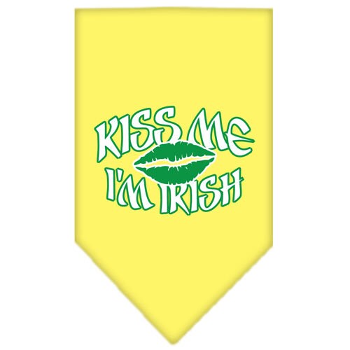 A green pet bandana with the phrase 'Kiss Me I'm Irish' screen printed in white, perfect for dogs celebrating St. Patrick's Day.