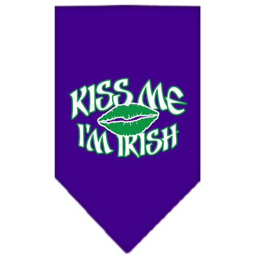 A green pet bandana with the phrase 'Kiss Me I'm Irish' screen printed in white, perfect for dogs celebrating St. Patrick's Day.
