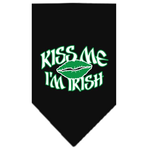 A green pet bandana with the phrase 'Kiss Me I'm Irish' screen printed in white, perfect for dogs celebrating St. Patrick's Day.
