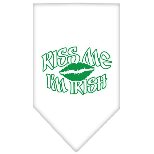 A green pet bandana with the phrase 'Kiss Me I'm Irish' screen printed in white, perfect for dogs celebrating St. Patrick's Day.