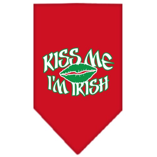 A green pet bandana with the phrase 'Kiss Me I'm Irish' screen printed in white, perfect for dogs celebrating St. Patrick's Day.