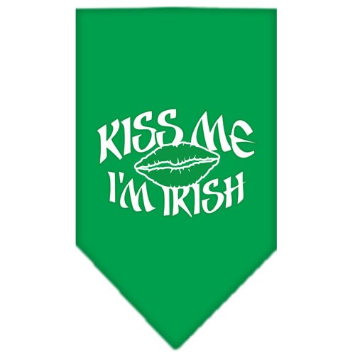A green pet bandana with the phrase 'Kiss Me I'm Irish' screen printed in white, perfect for dogs celebrating St. Patrick's Day.