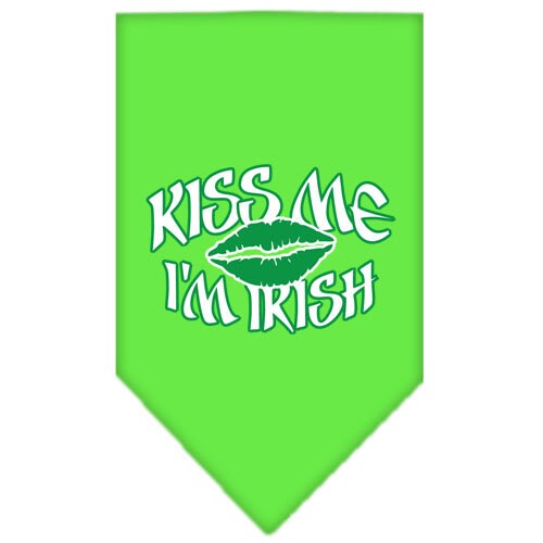 A green pet bandana with the phrase 'Kiss Me I'm Irish' screen printed in white, perfect for dogs celebrating St. Patrick's Day.