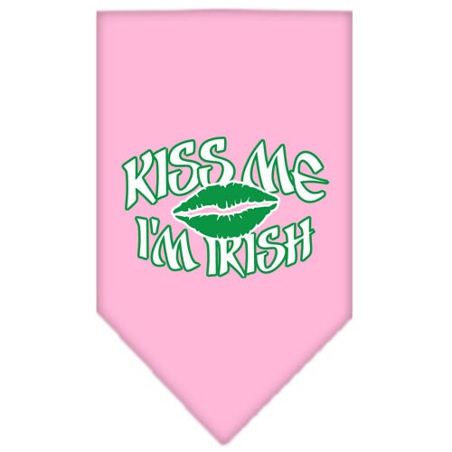 A green pet bandana with the phrase 'Kiss Me I'm Irish' screen printed in white, perfect for dogs celebrating St. Patrick's Day.