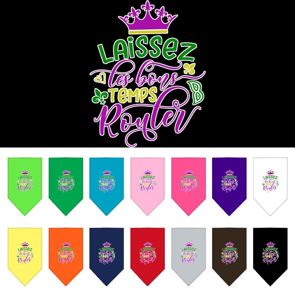 A stylish pet bandana featuring the phrase 'Laissez Les Bons Temps Rouler', designed for dogs, available in small and large sizes.