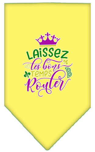 A stylish pet bandana featuring the phrase 'Laissez Les Bons Temps Rouler', designed for dogs, available in small and large sizes.