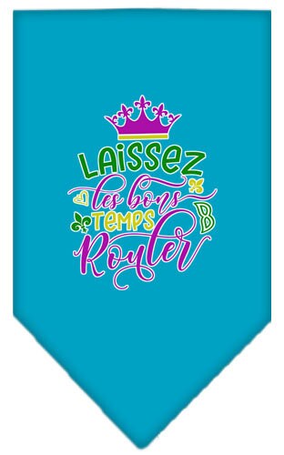 A stylish pet bandana featuring the phrase 'Laissez Les Bons Temps Rouler', designed for dogs, available in small and large sizes.