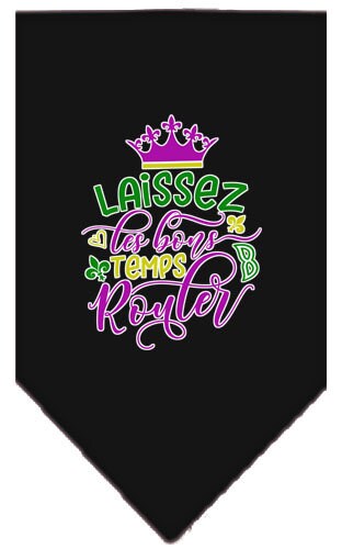 A stylish pet bandana featuring the phrase 'Laissez Les Bons Temps Rouler', designed for dogs, available in small and large sizes.