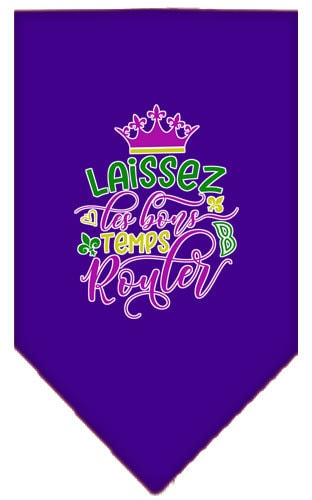 A stylish pet bandana featuring the phrase 'Laissez Les Bons Temps Rouler', designed for dogs, available in small and large sizes.