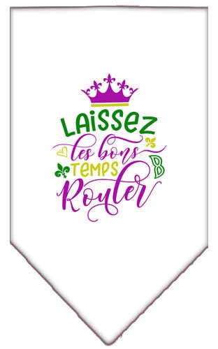 A stylish pet bandana featuring the phrase 'Laissez Les Bons Temps Rouler', designed for dogs, available in small and large sizes.