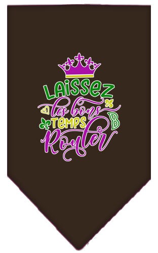 A stylish pet bandana featuring the phrase 'Laissez Les Bons Temps Rouler', designed for dogs, available in small and large sizes.