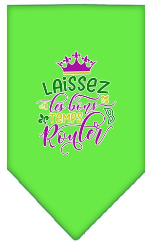 A stylish pet bandana featuring the phrase 'Laissez Les Bons Temps Rouler', designed for dogs, available in small and large sizes.