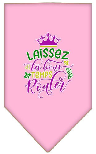 A stylish pet bandana featuring the phrase 'Laissez Les Bons Temps Rouler', designed for dogs, available in small and large sizes.