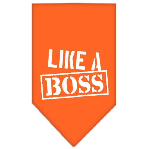 A stylish pet bandana screen printed with 'Like A Boss', available in small and large sizes, designed for tie-on use without buckles.
