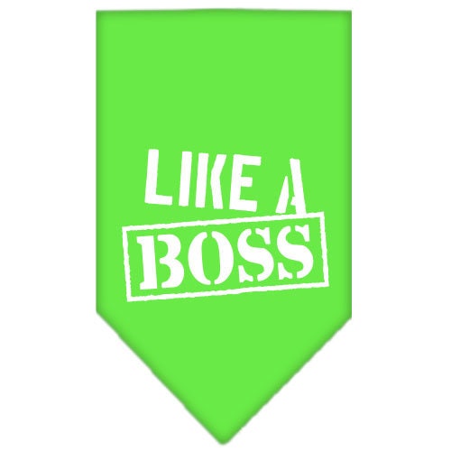 A stylish pet bandana screen printed with 'Like A Boss', available in small and large sizes, designed for tie-on use without buckles.