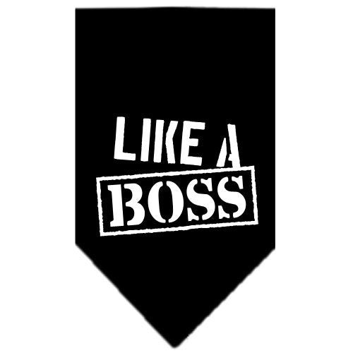 A stylish pet bandana screen printed with 'Like A Boss', available in small and large sizes, designed for tie-on use without buckles.