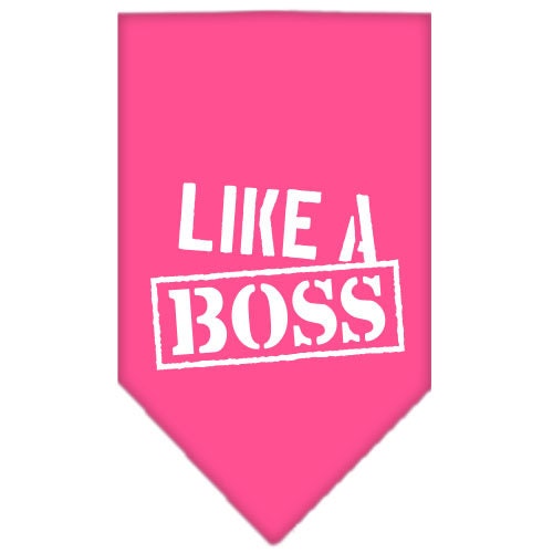 A stylish pet bandana screen printed with 'Like A Boss', available in small and large sizes, designed for tie-on use without buckles.