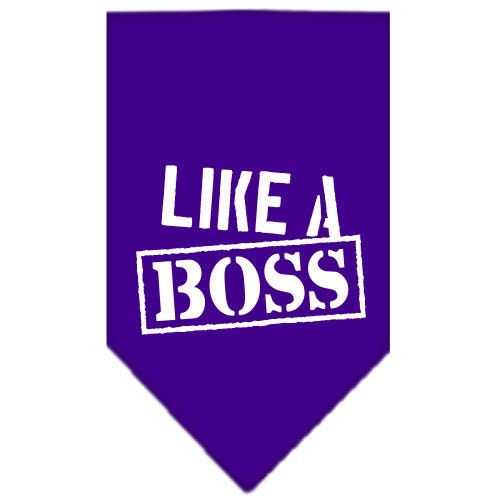 A stylish pet bandana screen printed with 'Like A Boss', available in small and large sizes, designed for tie-on use without buckles.