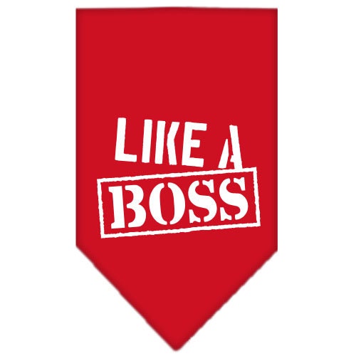 A stylish pet bandana screen printed with 'Like A Boss', available in small and large sizes, designed for tie-on use without buckles.