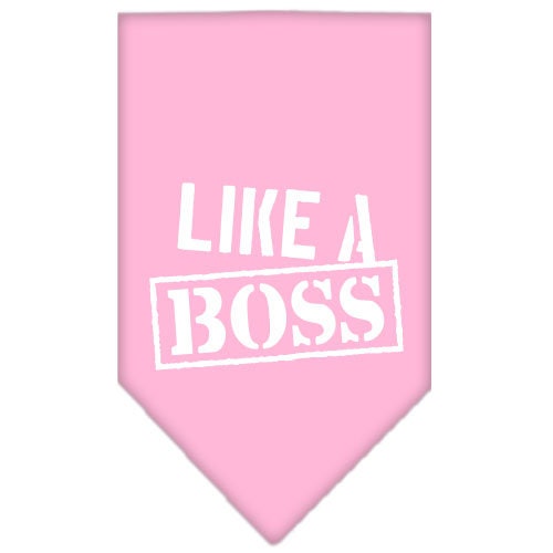 A stylish pet bandana screen printed with 'Like A Boss', available in small and large sizes, designed for tie-on use without buckles.