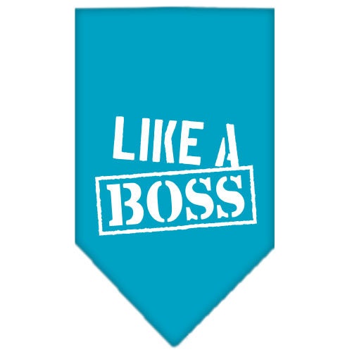 A stylish pet bandana screen printed with 'Like A Boss', available in small and large sizes, designed for tie-on use without buckles.