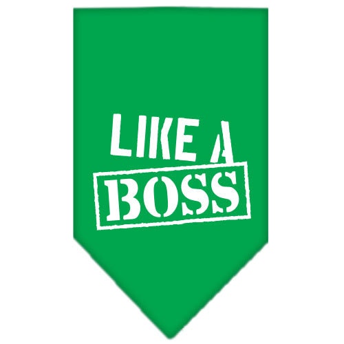 A stylish pet bandana screen printed with 'Like A Boss', available in small and large sizes, designed for tie-on use without buckles.