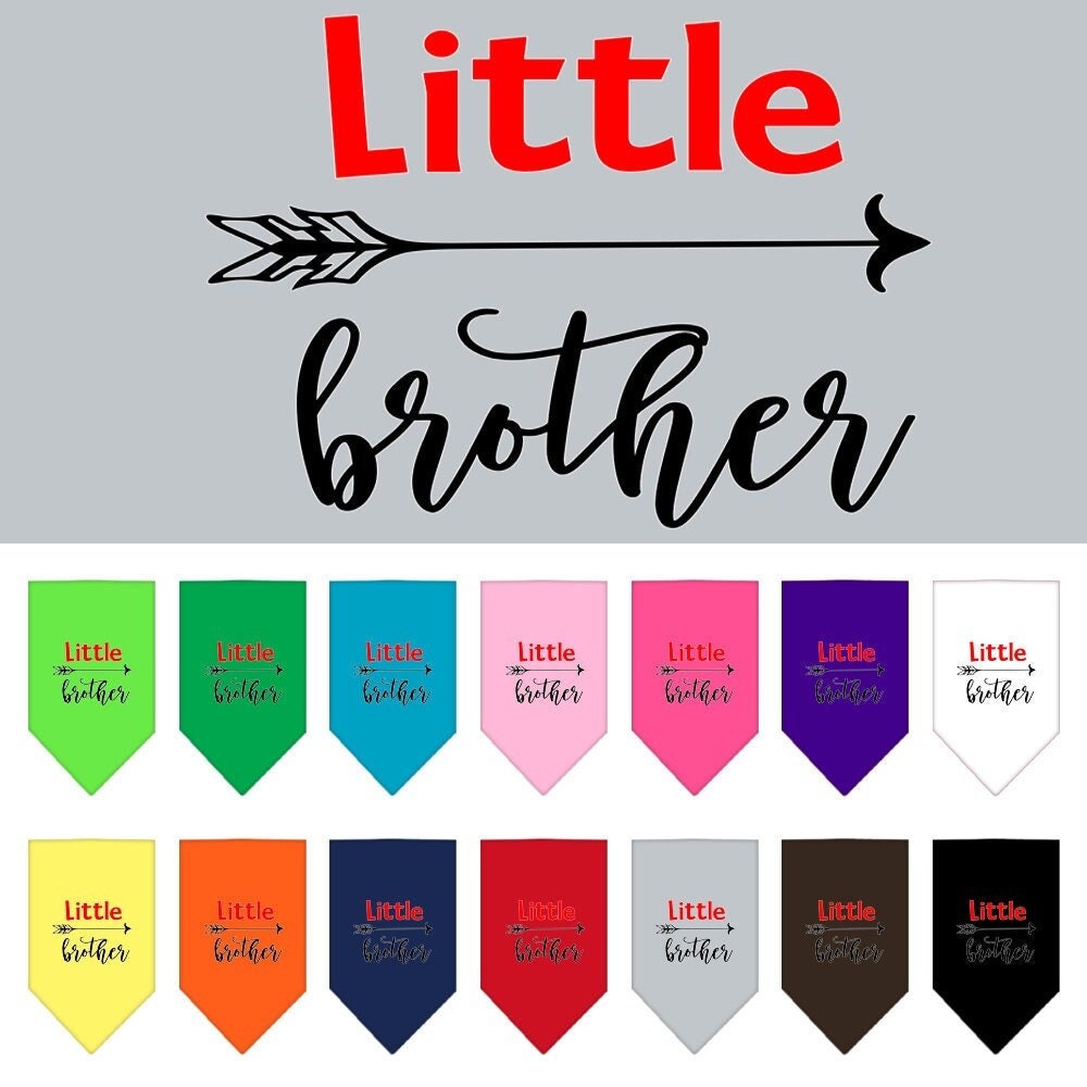 A stylish pet bandana featuring the phrase 'Little Brother', designed for dogs, available in small and large sizes.