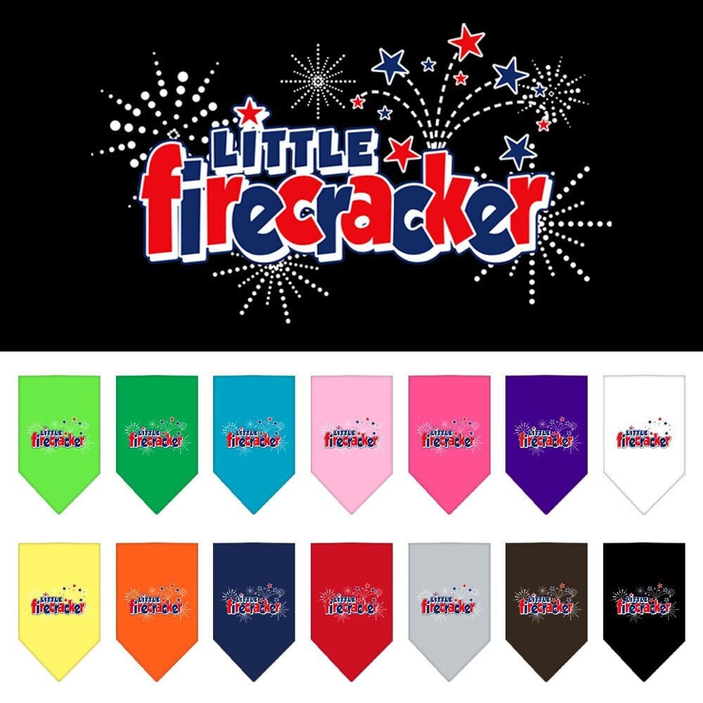 A vibrant 'Little Firecracker' pet bandana, featuring a colorful screen printed design, perfect for dogs of all sizes.