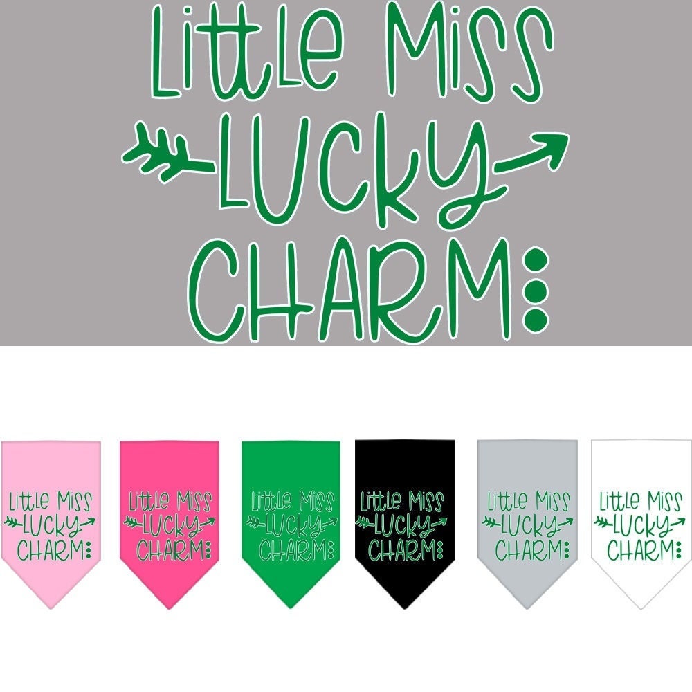 A stylish pet bandana featuring the phrase 'Little Miss Lucky Charm', designed for dogs, available in small and large sizes.