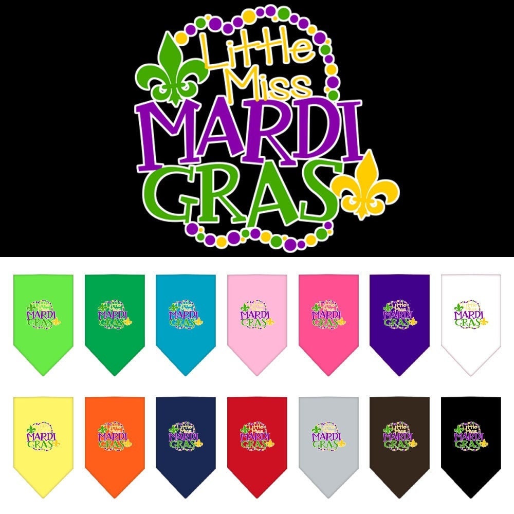 A colorful dog bandana featuring a festive Mardi Gras design, perfect for pets celebrating the occasion.