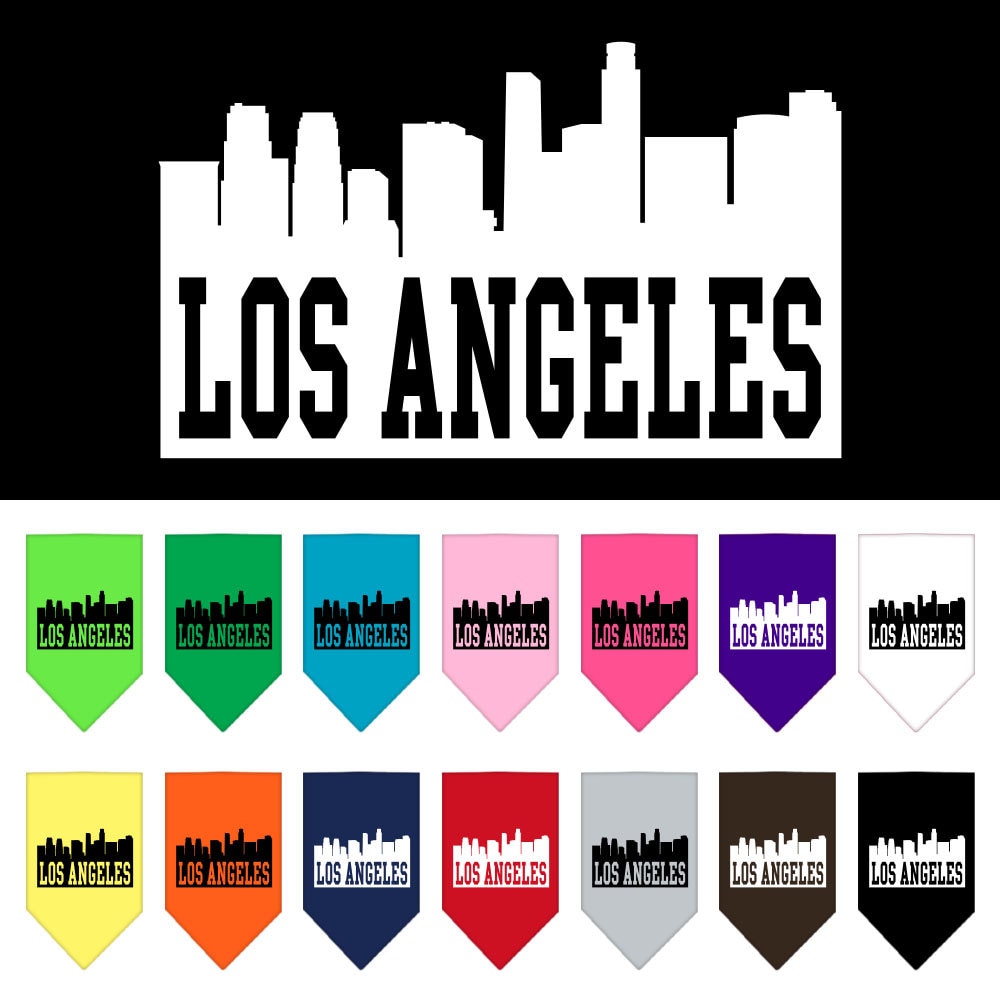 A stylish dog bandana featuring a screen printed Los Angeles skyline design, perfect for pets.