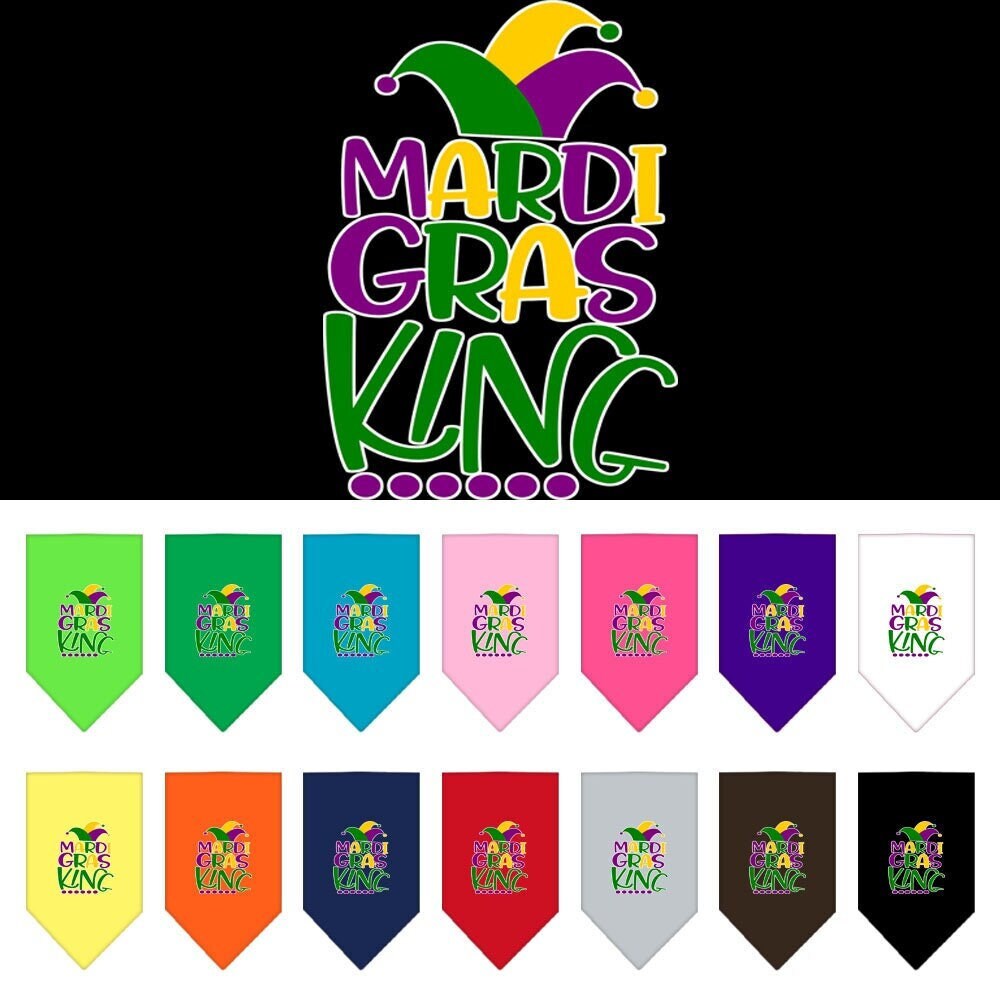A colorful pet bandana featuring a vibrant Mardi Gras design, perfect for dogs celebrating festive occasions.