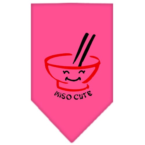A stylish pet bandana featuring the phrase 'Miso Cute', designed for tie-on use, available in small and large sizes.