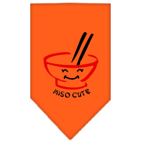 A stylish pet bandana featuring the phrase 'Miso Cute', designed for tie-on use, available in small and large sizes.