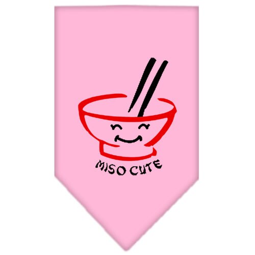 A stylish pet bandana featuring the phrase 'Miso Cute', designed for tie-on use, available in small and large sizes.