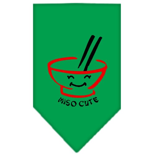 A stylish pet bandana featuring the phrase 'Miso Cute', designed for tie-on use, available in small and large sizes.