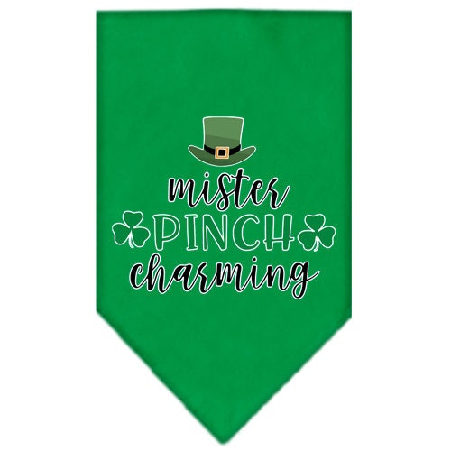 A stylish dog bandana featuring the phrase 'Mr. Pinch Charming', designed for tie-on wear, available in small and large sizes.