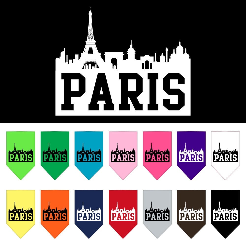 A stylish pet bandana featuring a vibrant Paris Skyline design, perfect for dogs of all sizes.