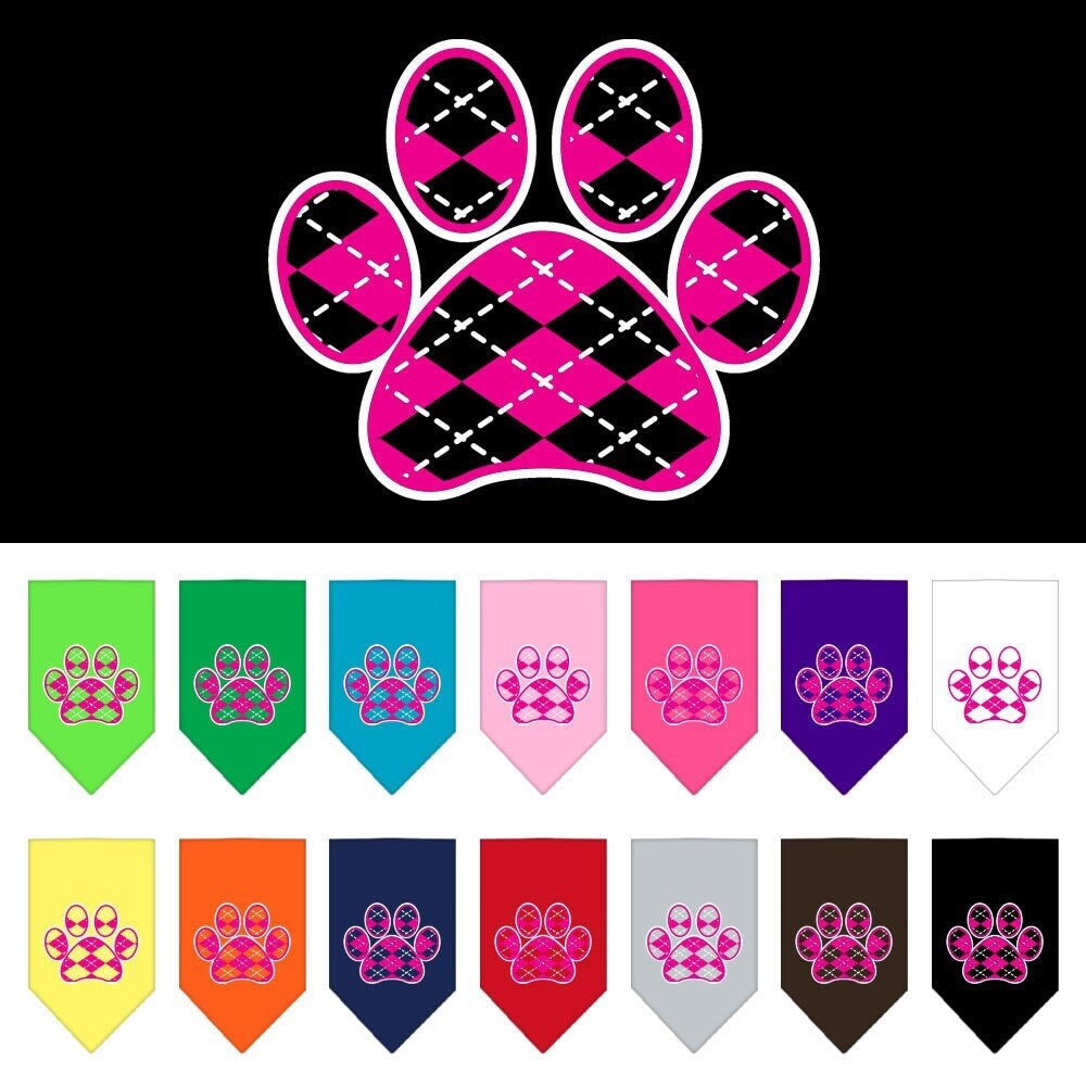 A stylish pink argyle paw print bandana for dogs, featuring a tie-on design for easy wear.