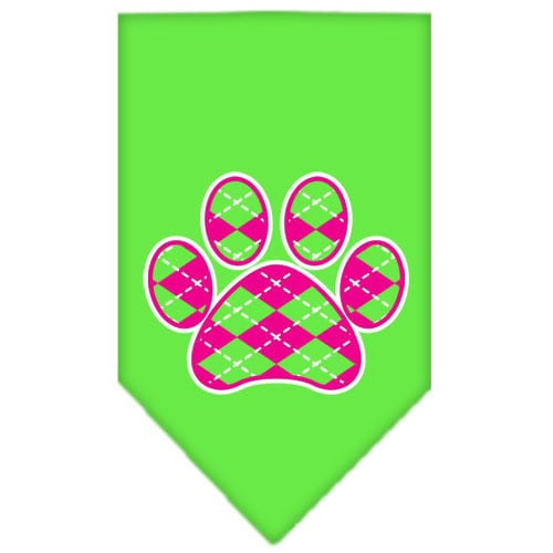 A stylish pink argyle paw print bandana for dogs, featuring a tie-on design for easy wear.