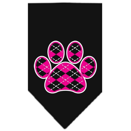 A stylish pink argyle paw print bandana for dogs, featuring a tie-on design for easy wear.