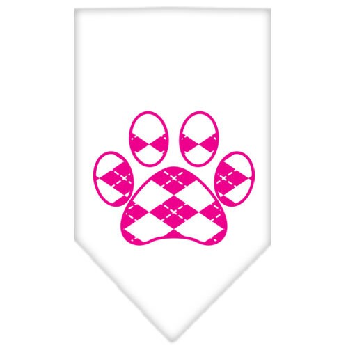 A stylish pink argyle paw print bandana for dogs, featuring a tie-on design for easy wear.