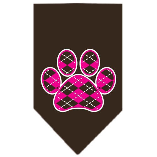 A stylish pink argyle paw print bandana for dogs, featuring a tie-on design for easy wear.