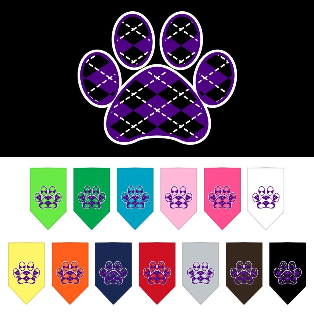 Purple Argyle Paw bandana for dogs, featuring a stylish design and tie-on style for comfort.
