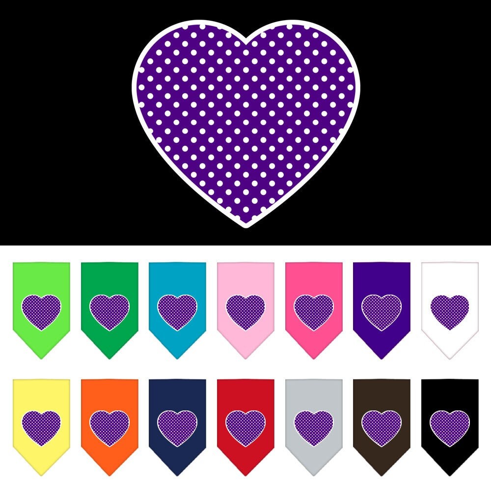Purple Swiss Dot Heart pet bandana, stylish and comfortable for dogs, available in small and large sizes, tie-on design without buckles.